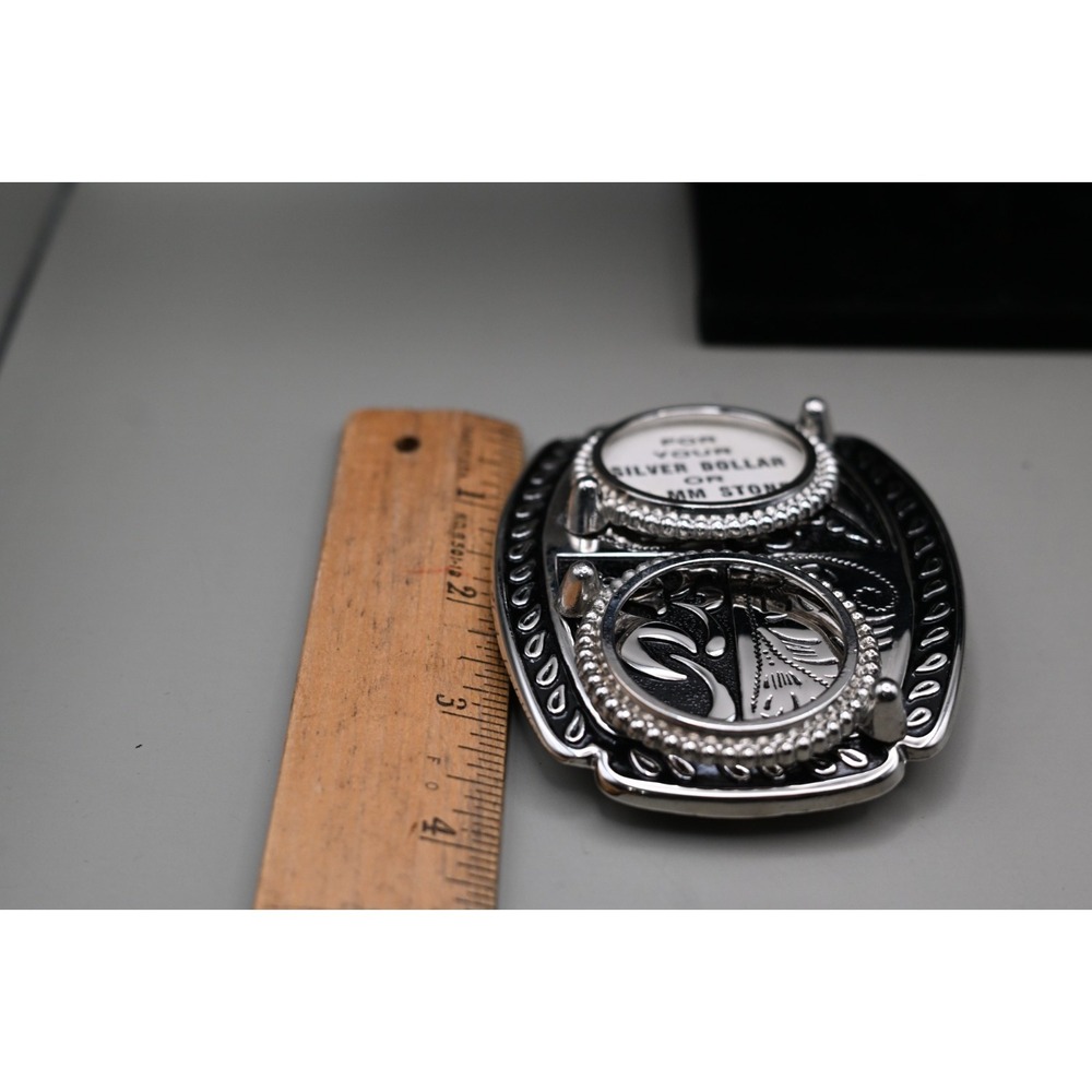 Western Style Belt Buckle Silver Tone Fits 39mm Coin Dollar Holder USA - Picture 4 of 4